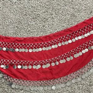 Red Belly Dance Hip Scarf with Silver Coins